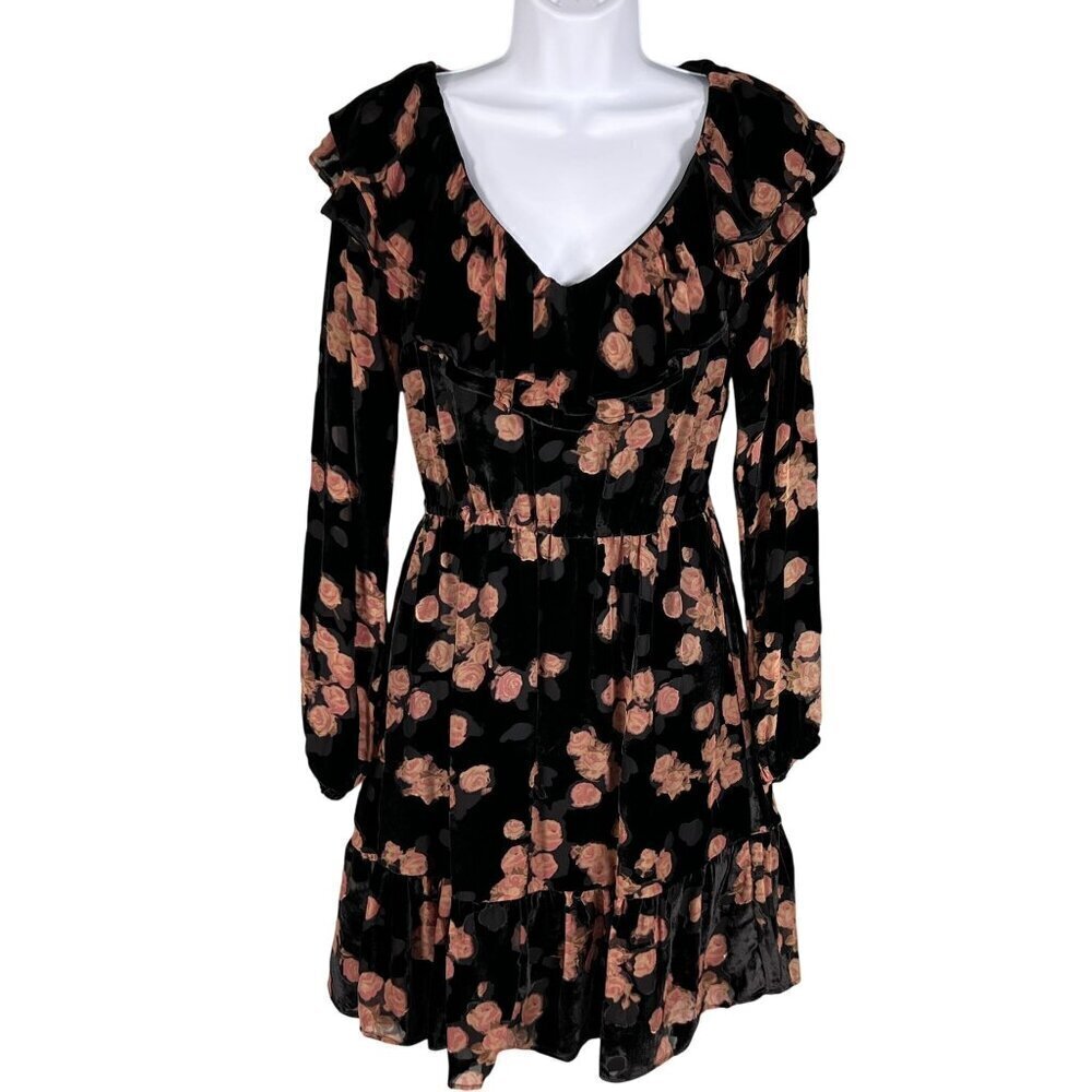 MICHAEL Michael Kors S Velvet Burnout Floral Long Sleeve Ruffle Silk Blend Dress